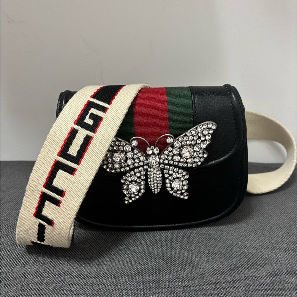 Gucci Linea Totem Black Leather Bag With Crystal Butterfly